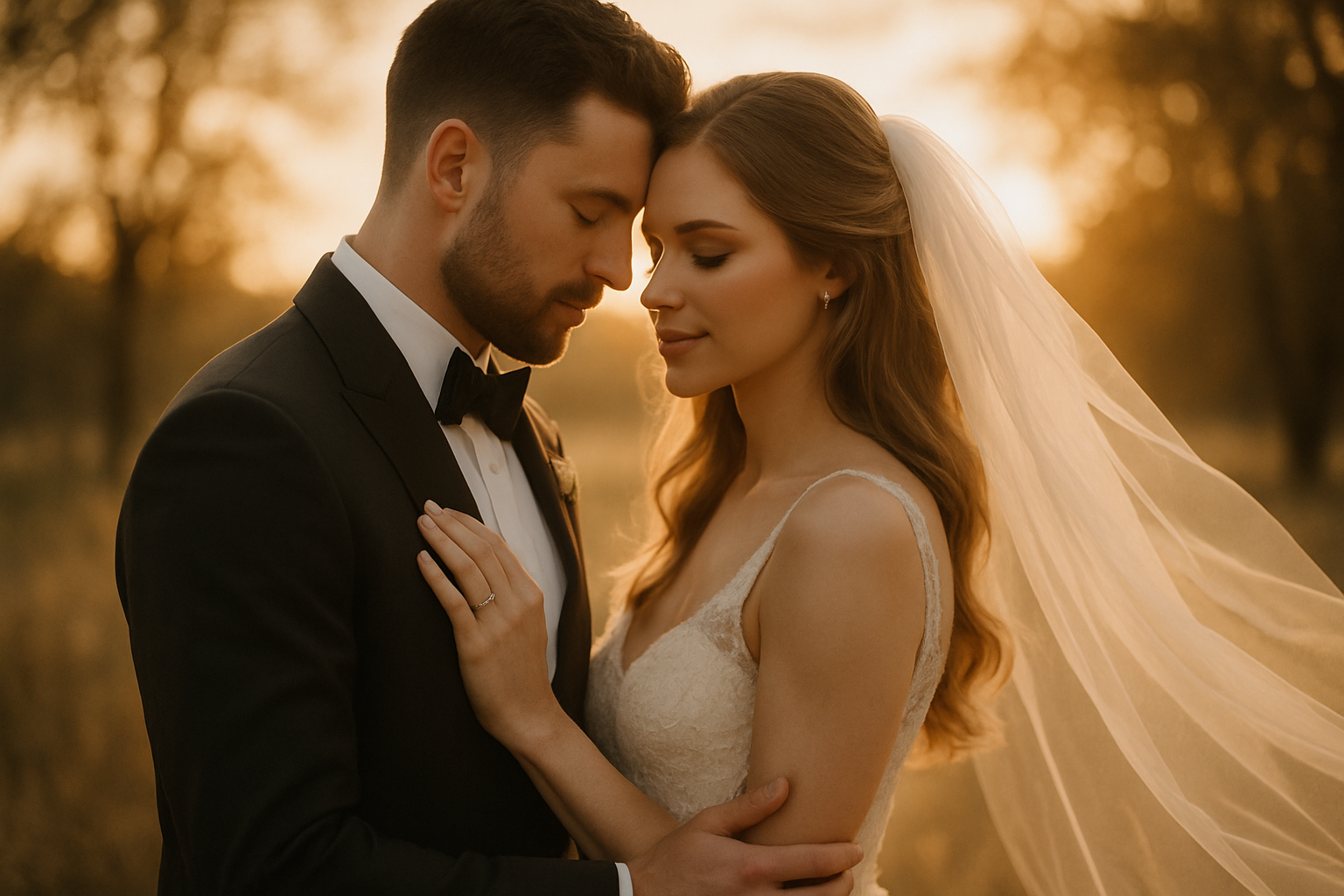 Bride and groom embracing in warm sunset light