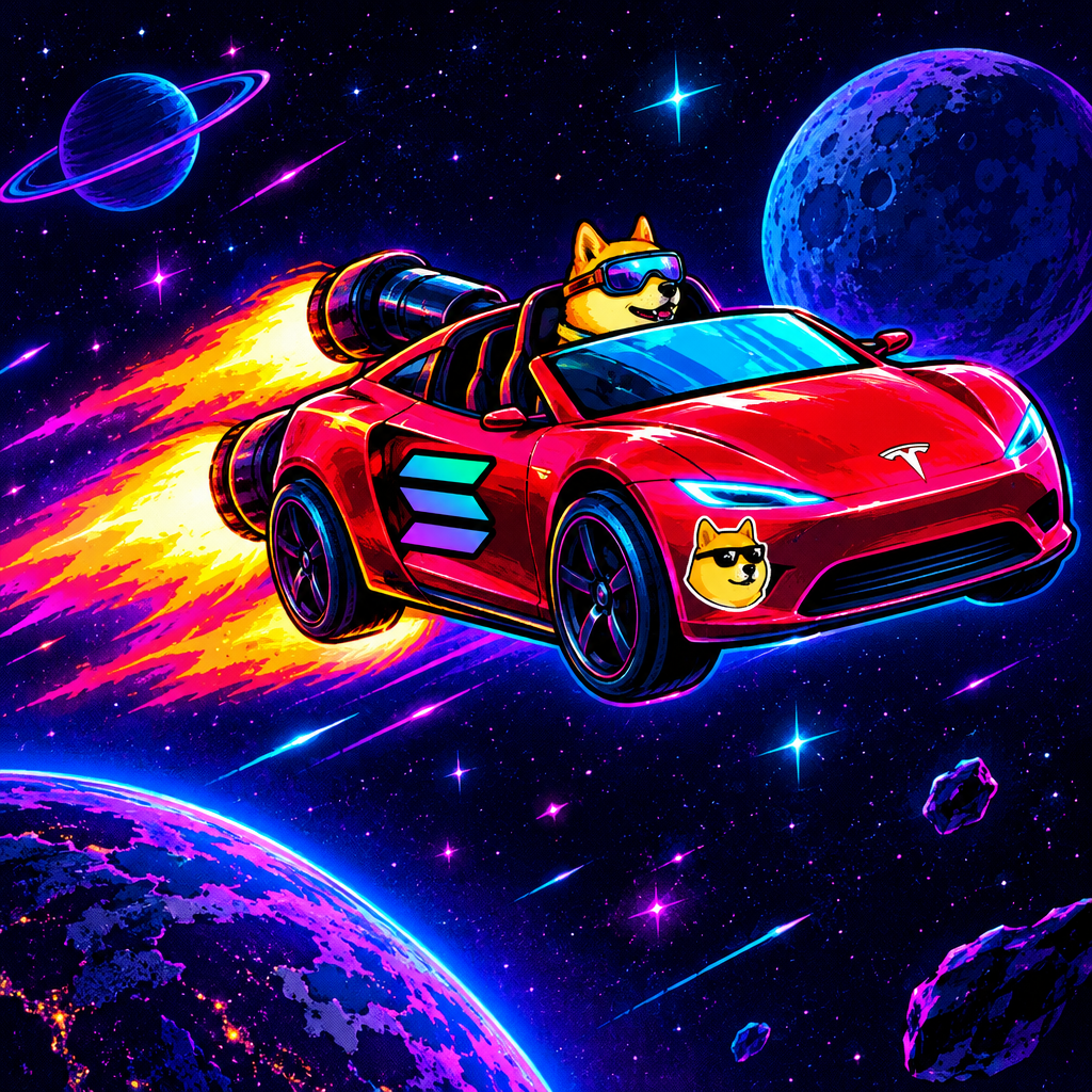 Cartoon flying roadster character with rocket flame trail, glowing visor, and meme-style cosmic decals