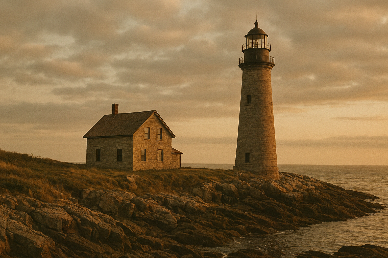 Historic stone lighthouse on a windswept northern coast at golden hour, photographed in warm documentary film style