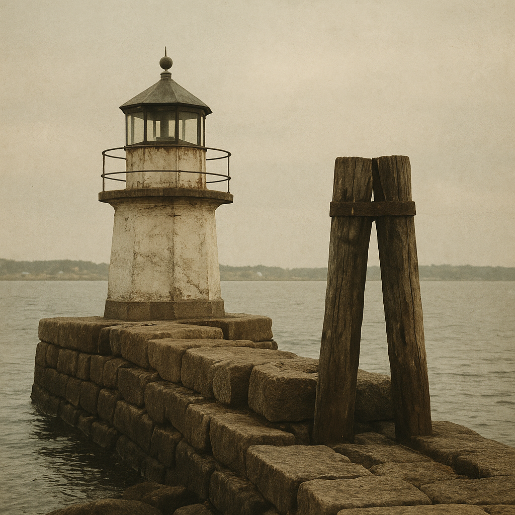Square archival photograph of a compact breakwater light beside mooring posts