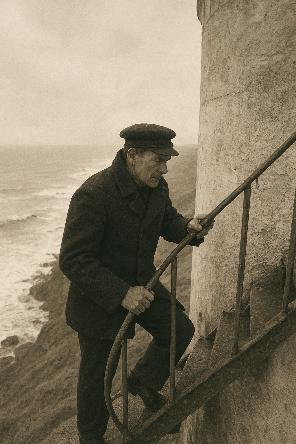 Portrait-oriented archival photograph of a keeper on a cliffside tower stair