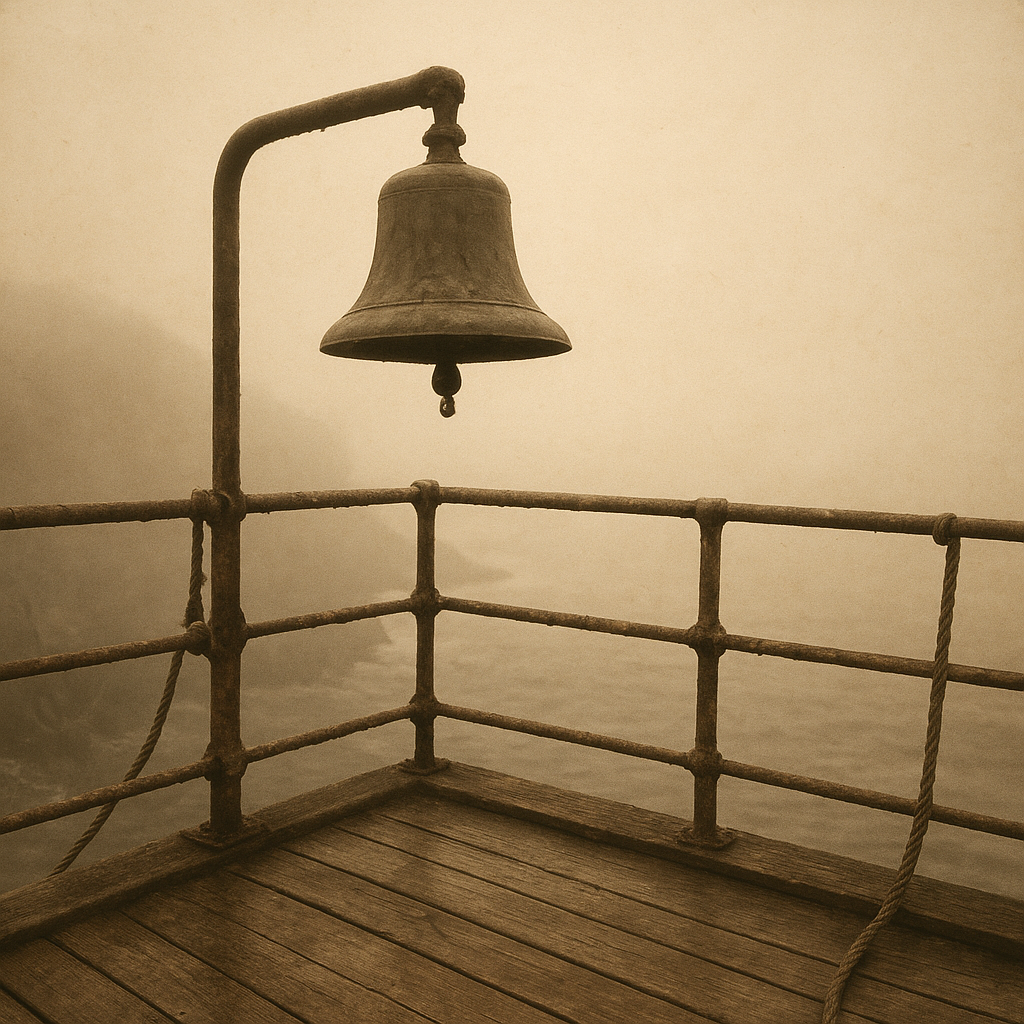 Square archival image of a fog bell platform with rusted railings