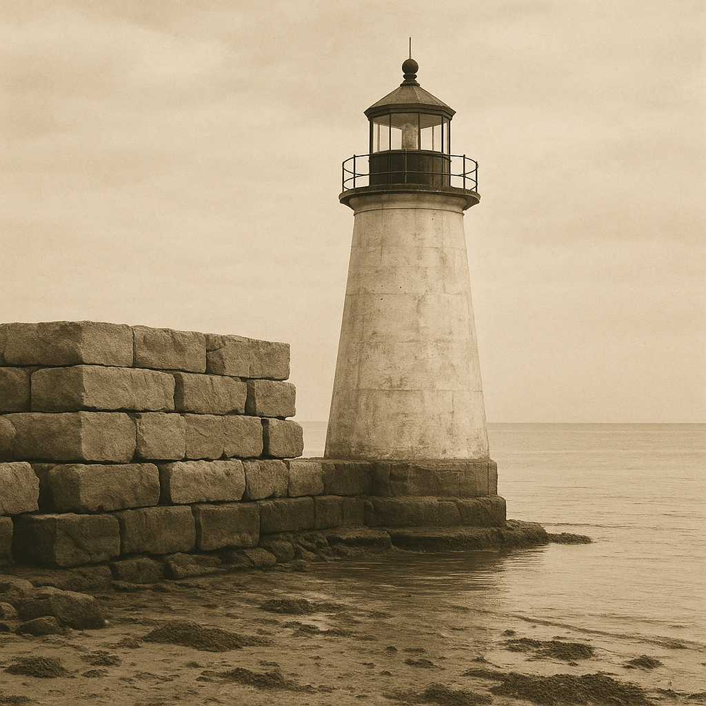 East Breakwater light beside stone blocks and tide marks, warm sepia archival finish
