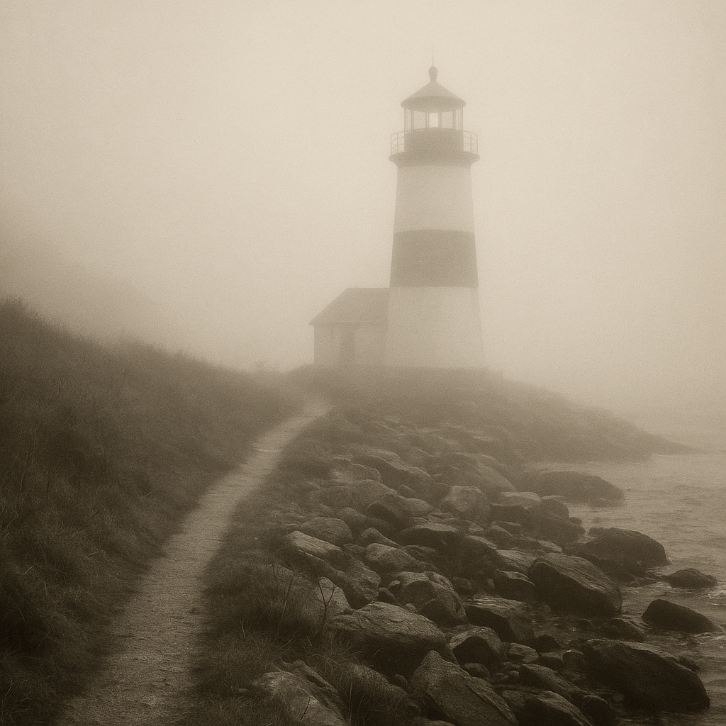 Fog Bell Point tower emerging through sea mist, monochrome archival tone