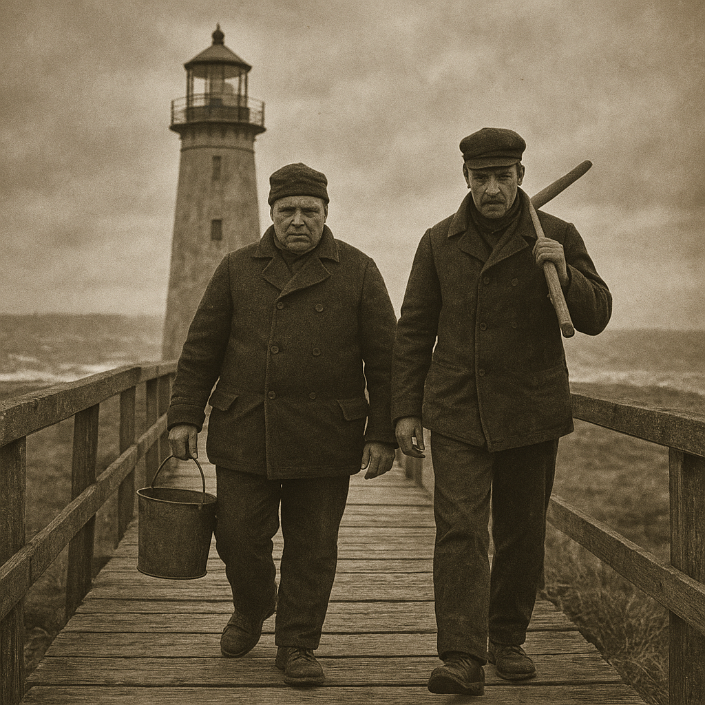 Two lighthouse keepers on a timber walkway carrying lantern tools in windy weather