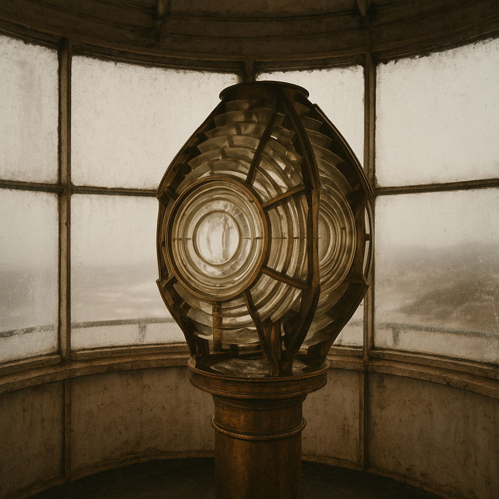 Lantern room interior with frost on glass and brass lens details, documentary archive style