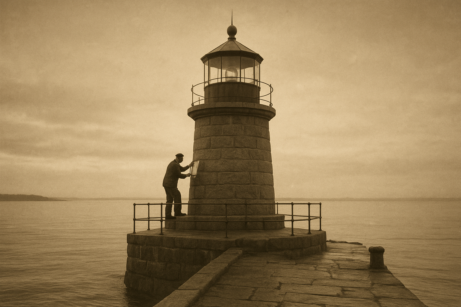Wide archival-style view of a granite harbor lighthouse at first light
