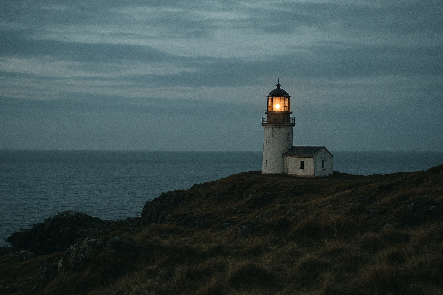 Horizontal archival image of a remote headland lighthouse at dusk