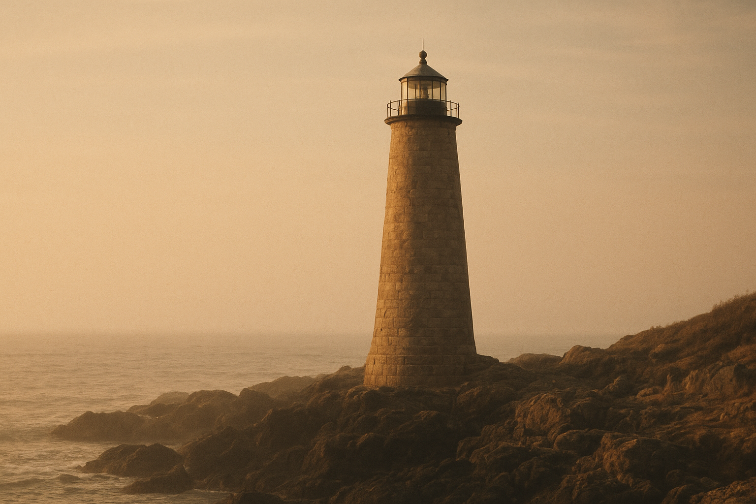 Historic stone lighthouse on a rugged northern coastline at golden-hour light, with soft sea haze, weathered masonry, and gentle film-like grain