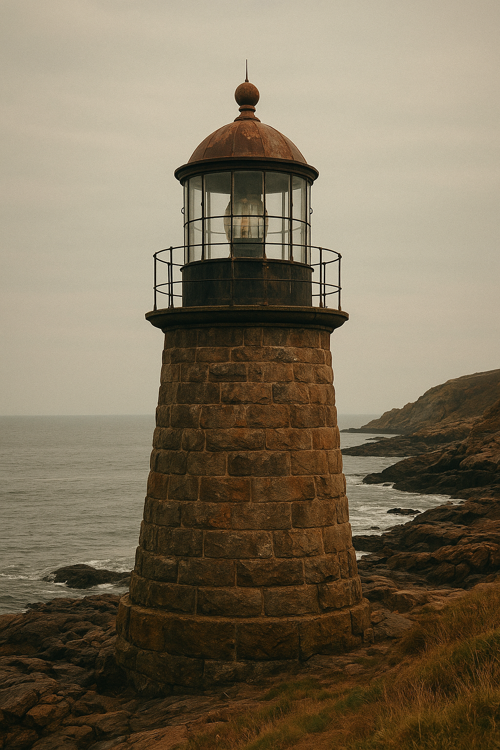 Documentary-style close coastal view of a weathered lighthouse lantern room and stone base in warm film tone
