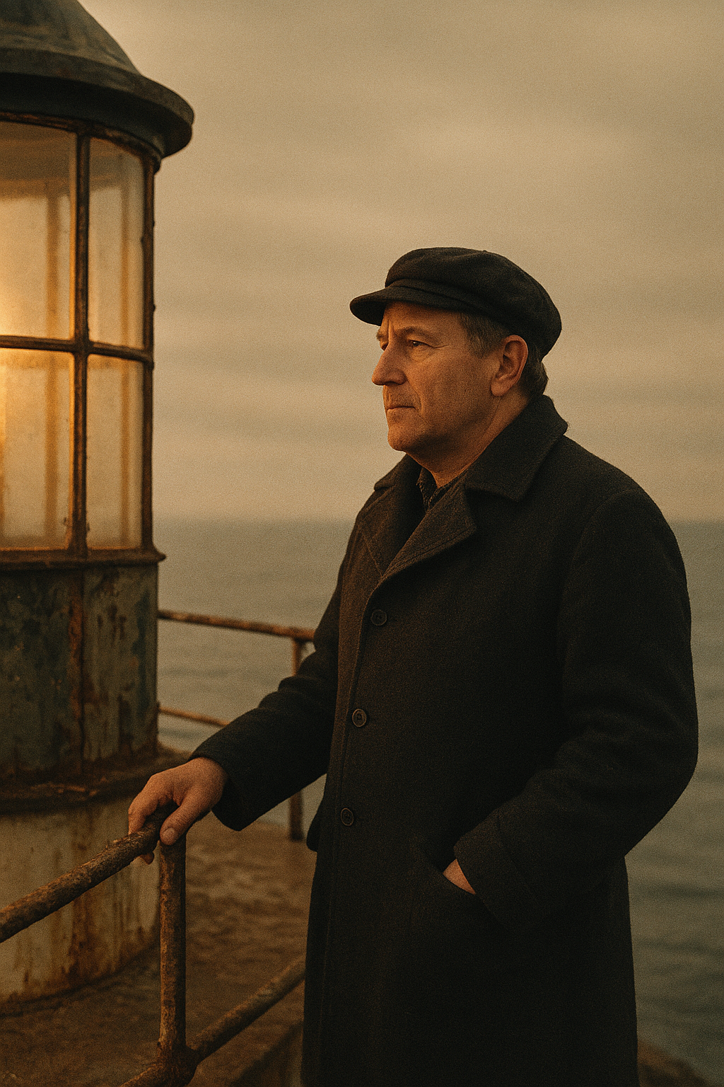 Warm film-style portrait of a lighthouse keeper standing near a weathered lantern room at dusk