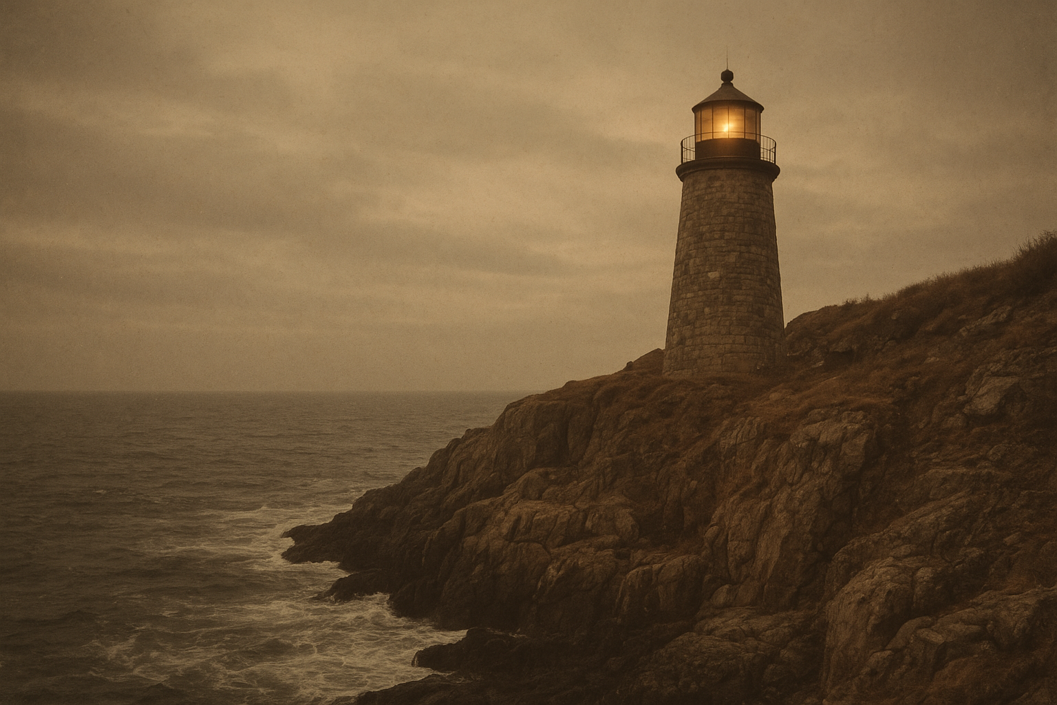 Cape Alder lighthouse on a cliffside at dusk with waves below, archival film look