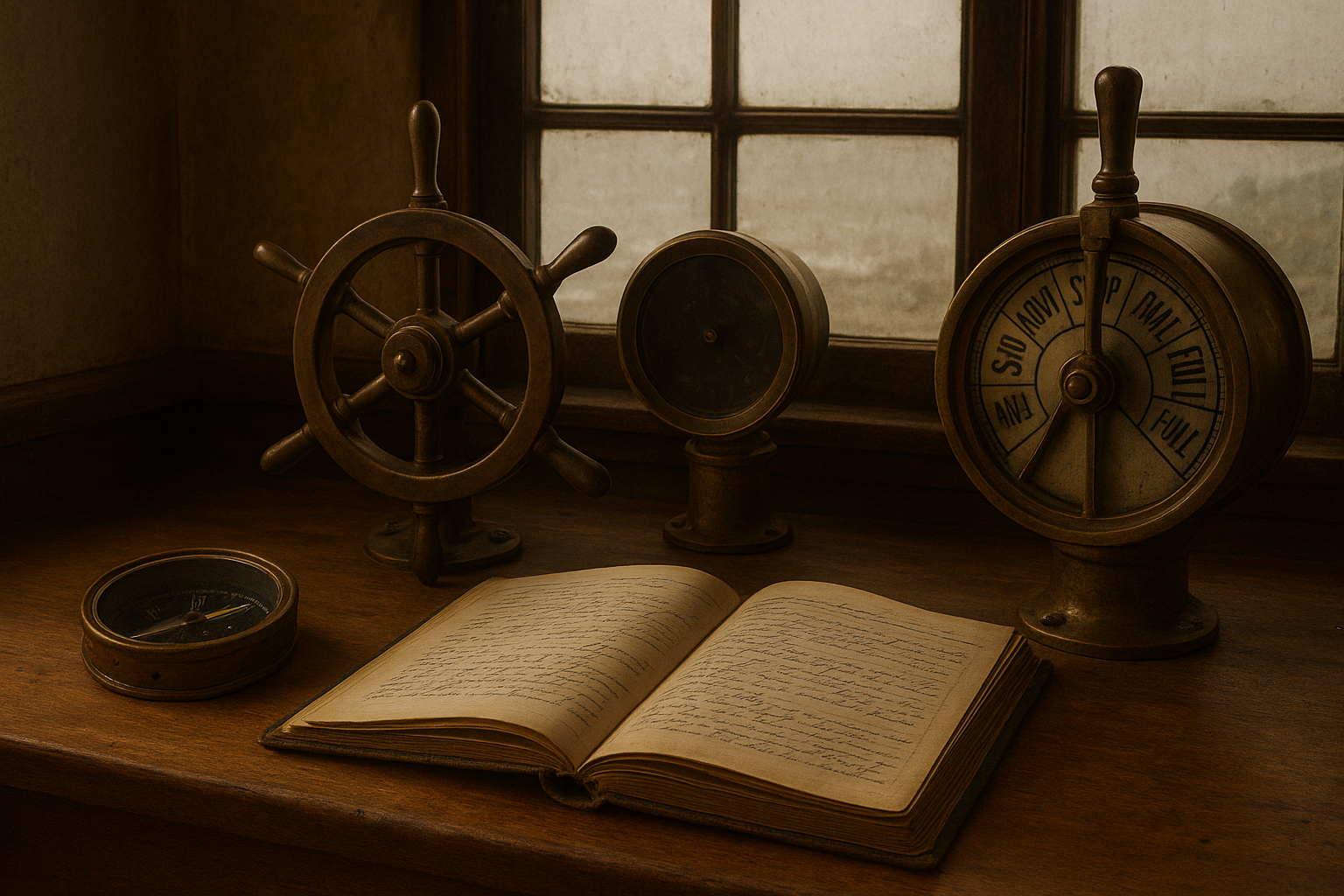 Landscape archival image showing signal room instruments and a logbook