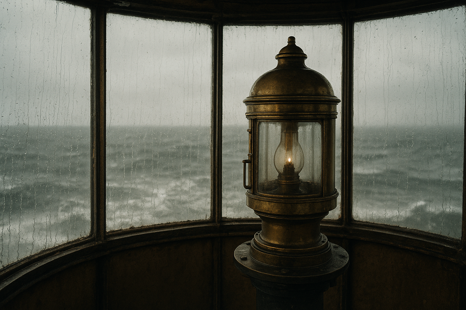 Wide archival-style image of a lantern room during rough sea weather
