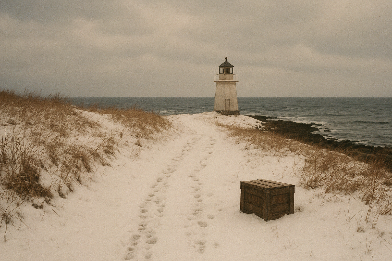 Horizontal archival photograph of a winter shoreline approach to a beacon