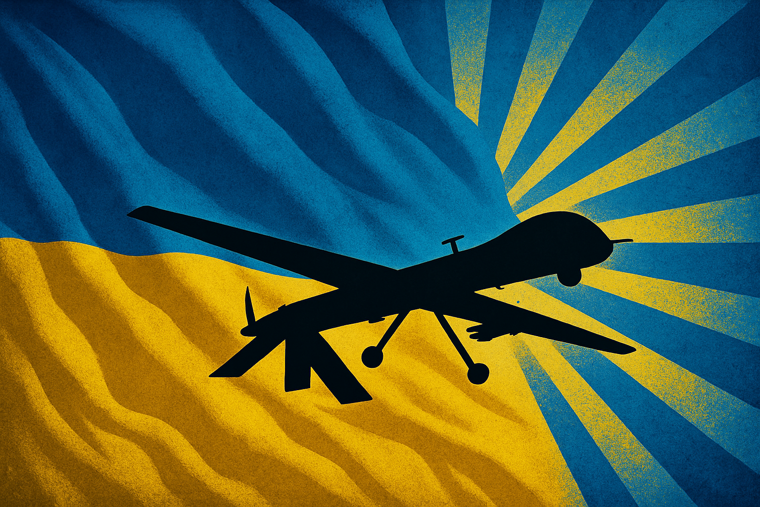 Patriotic Ukrainian flag background with stylized drone and blue/yellow rays