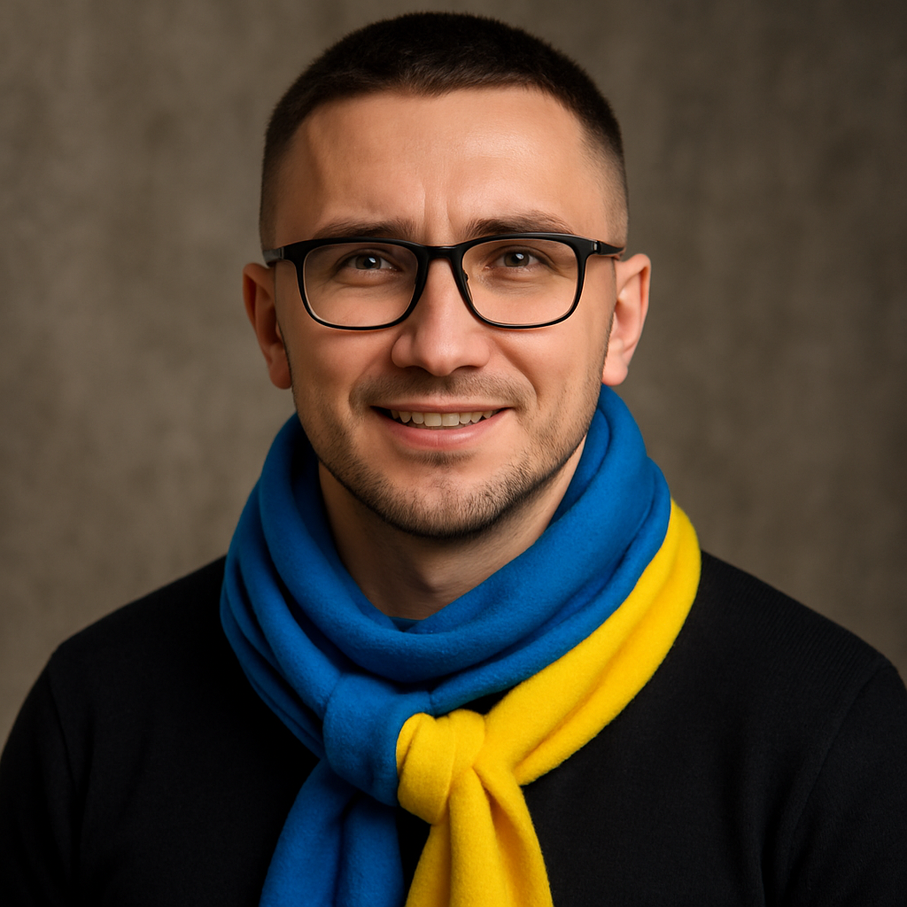 Portrait of Sergey Sternenko, Ukrainian activist and leader of RUSORIZ, smiling and wearing a blue and yellow scarf, with a determined expression.