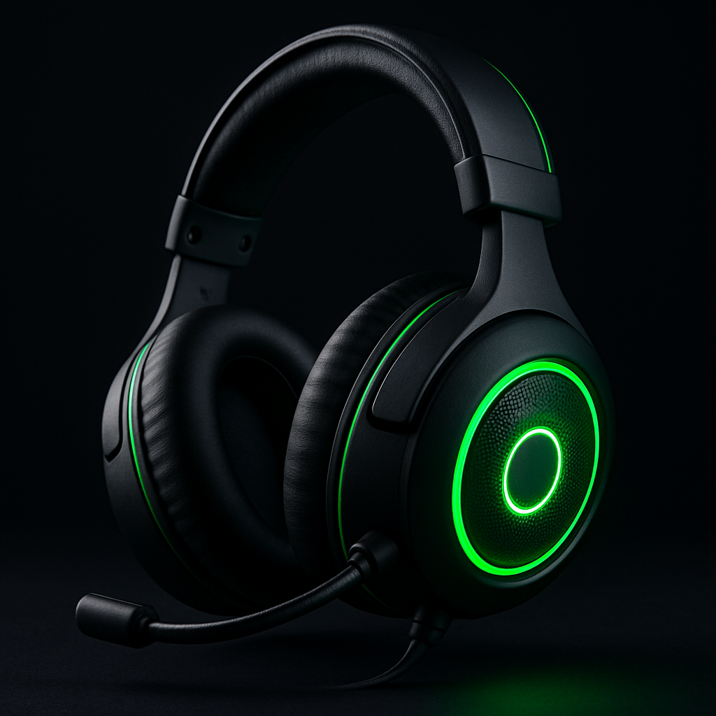 Over-ear gaming headset in matte charcoal with neon green accents and glowing earcups