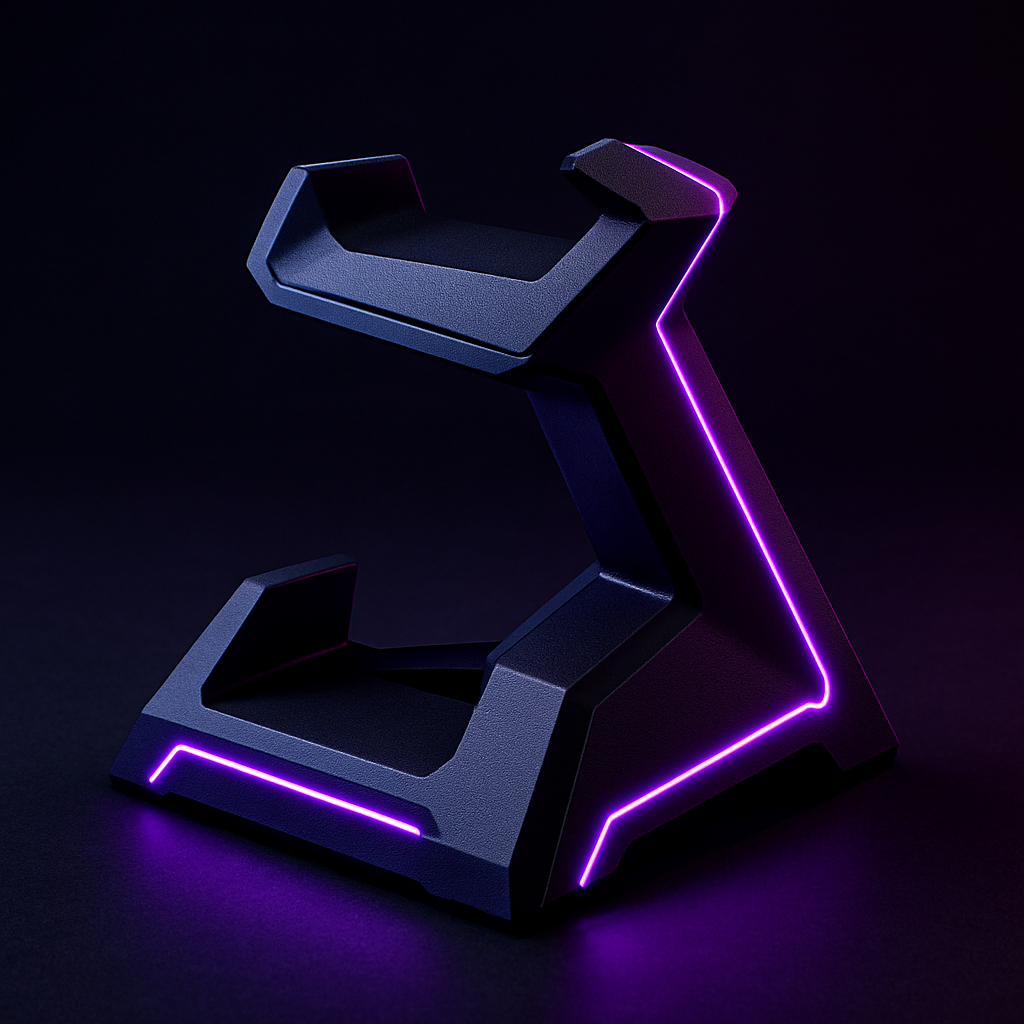 Angular controller stand in matte black with neon purple highlights