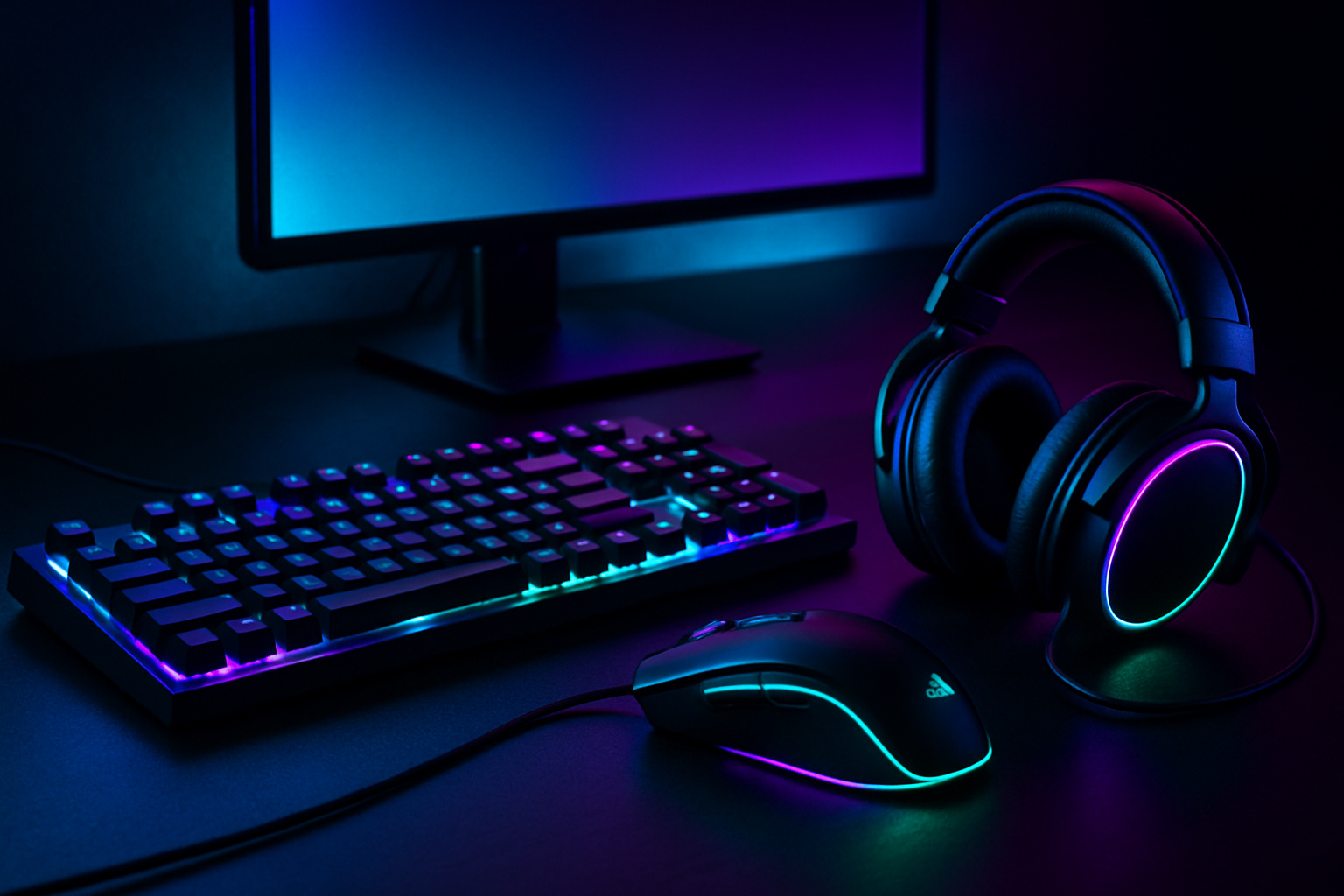 Immersive premium gaming setup with RGB-lit keyboard, mouse, and headset glowing in neon cyan, violet, and electric green