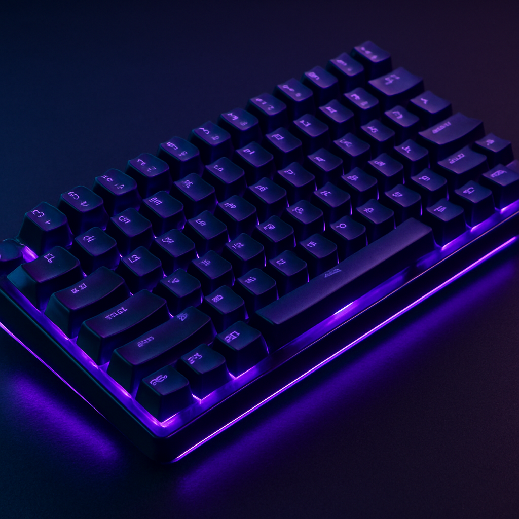 Black mechanical gaming keyboard with neon purple underglow and translucent keycaps