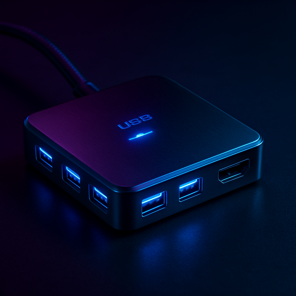 Compact USB-C gaming hub in dark metal with neon blue indicator lights