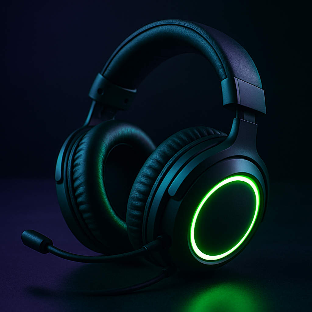 Over-ear gaming headset in dark graphite with glowing green rings and padded headband