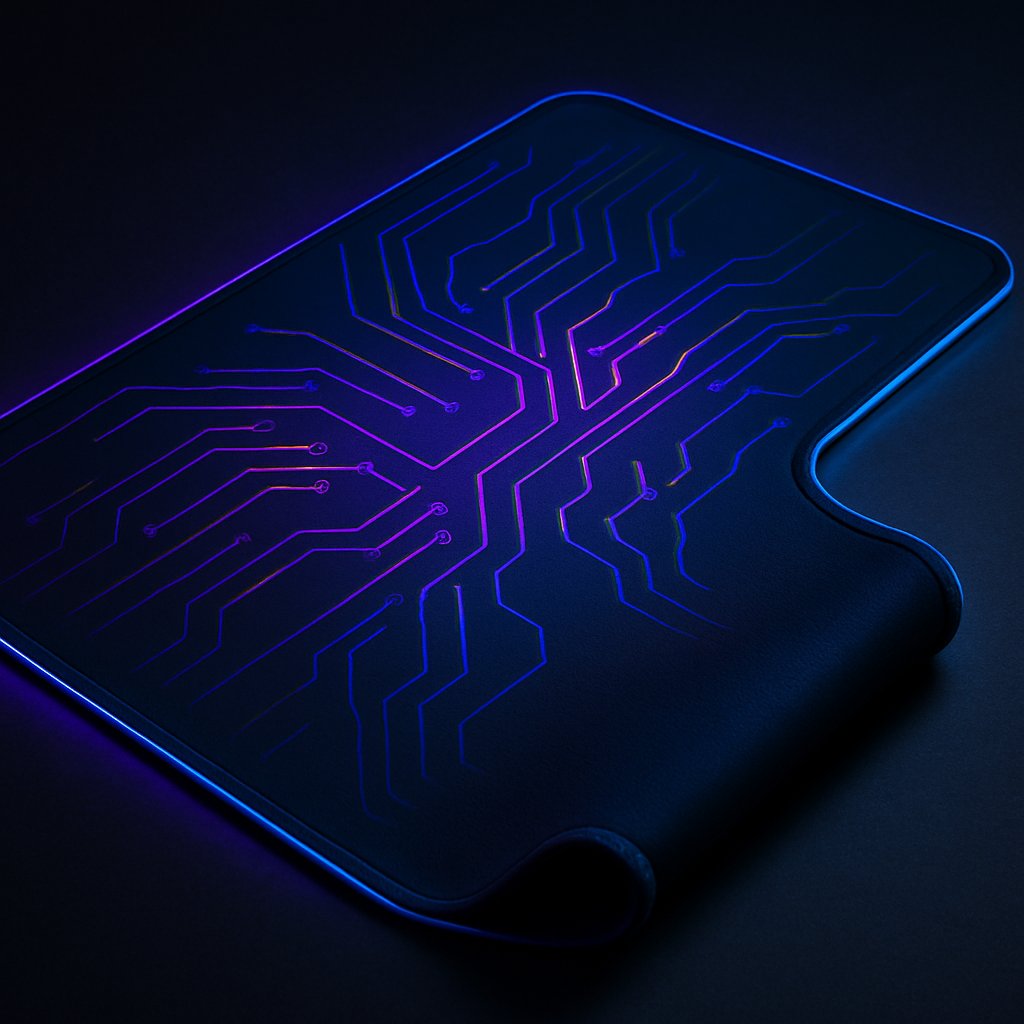 Extended gaming mousepad in midnight blue with neon circuit pattern