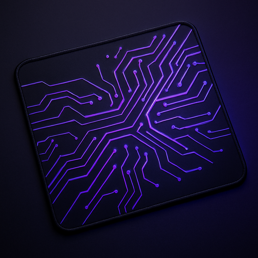 Extra-large gaming mousepad in deep black with electric purple circuit pattern