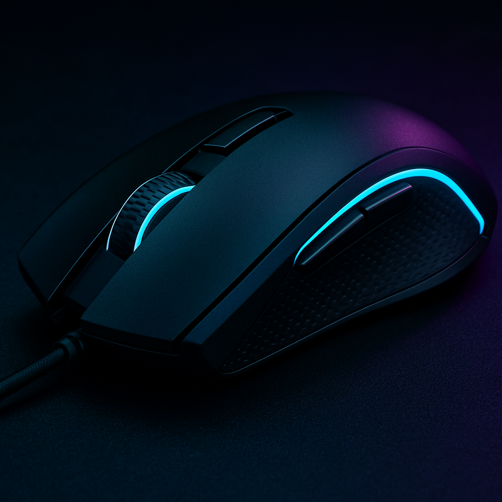 Sleek matte black gaming mouse with cyan light strip and textured grip