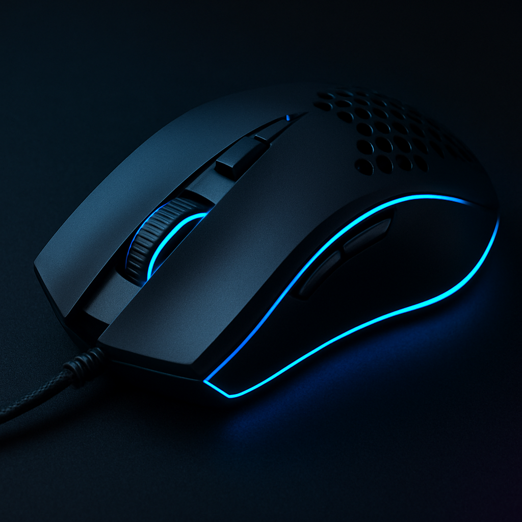 Matte black ultra-light gaming mouse with blue neon trim and angular shape