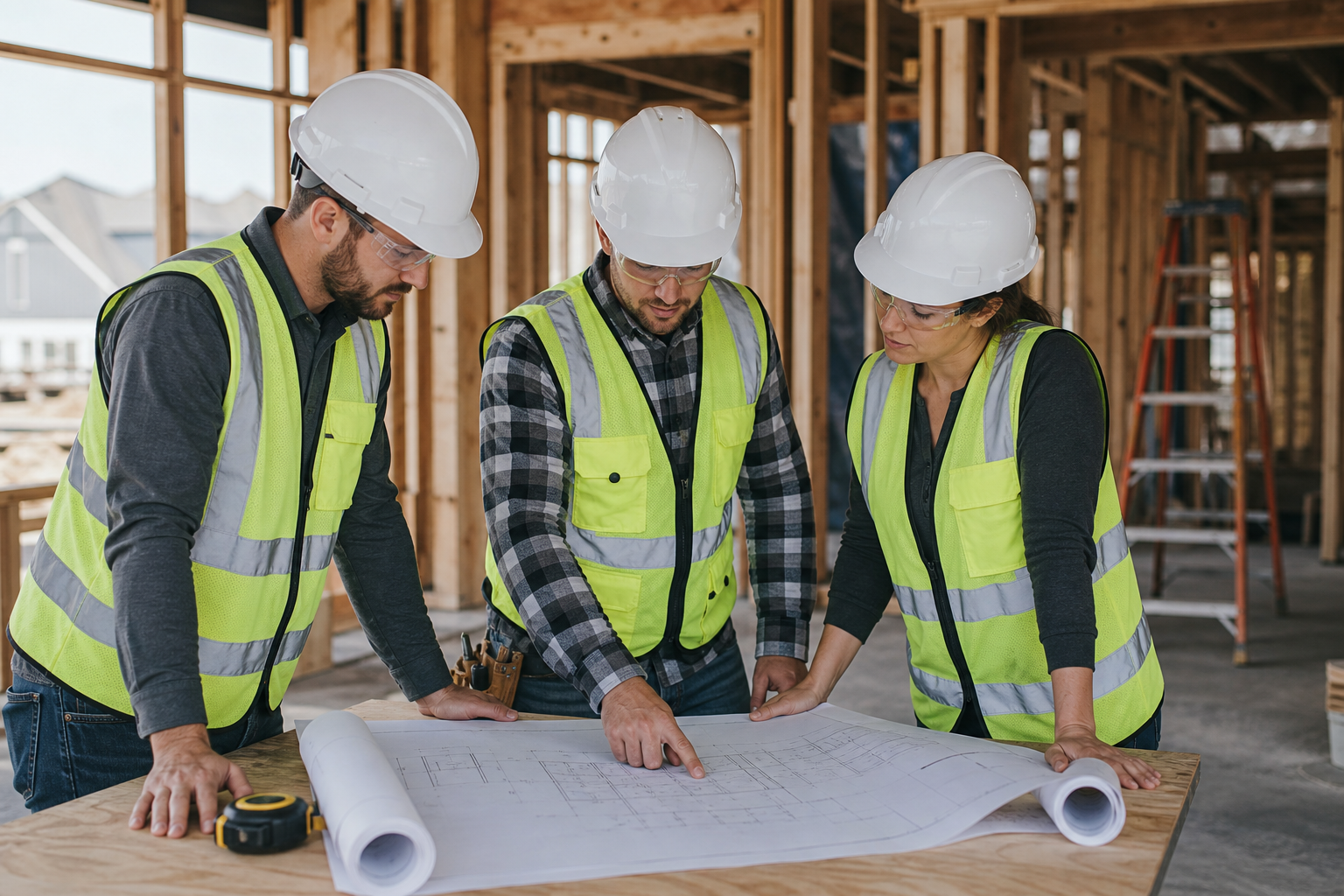 Construction crew reviewing blueprints at a clean, active jobsite