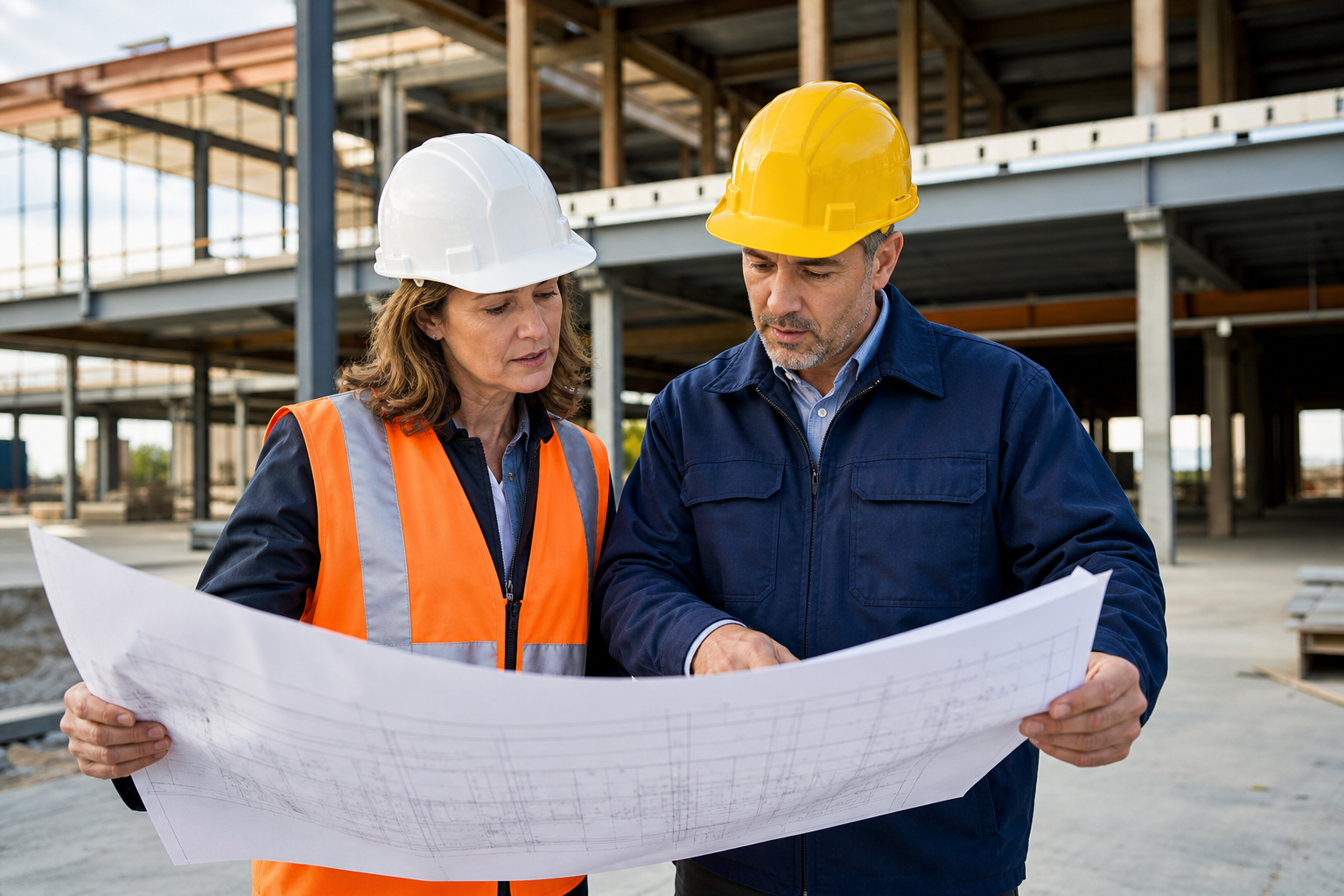 Two construction professionals reviewing blueprints on a modern jobsite with safety helmets and high-visibility vests