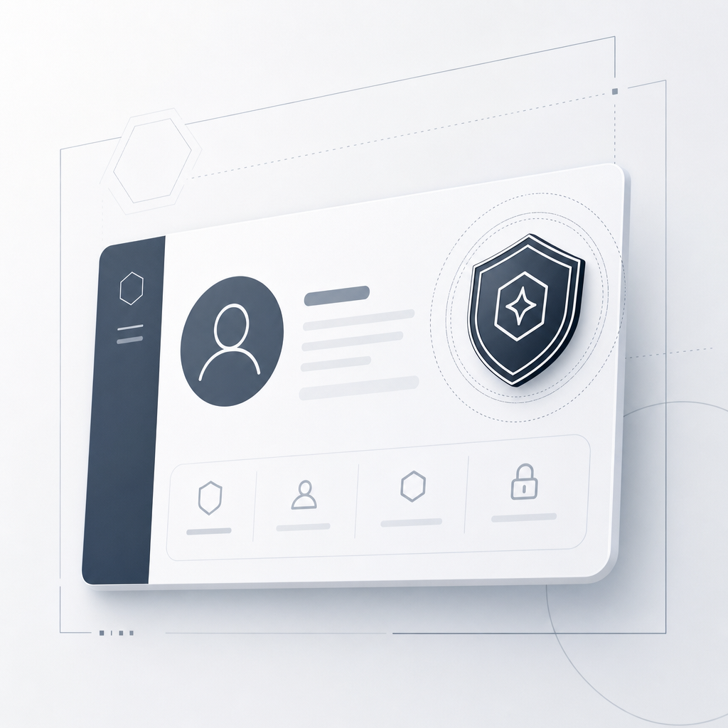 Clean line-art illustration of a user profile card with a shield badge seal and subtle geometric framing