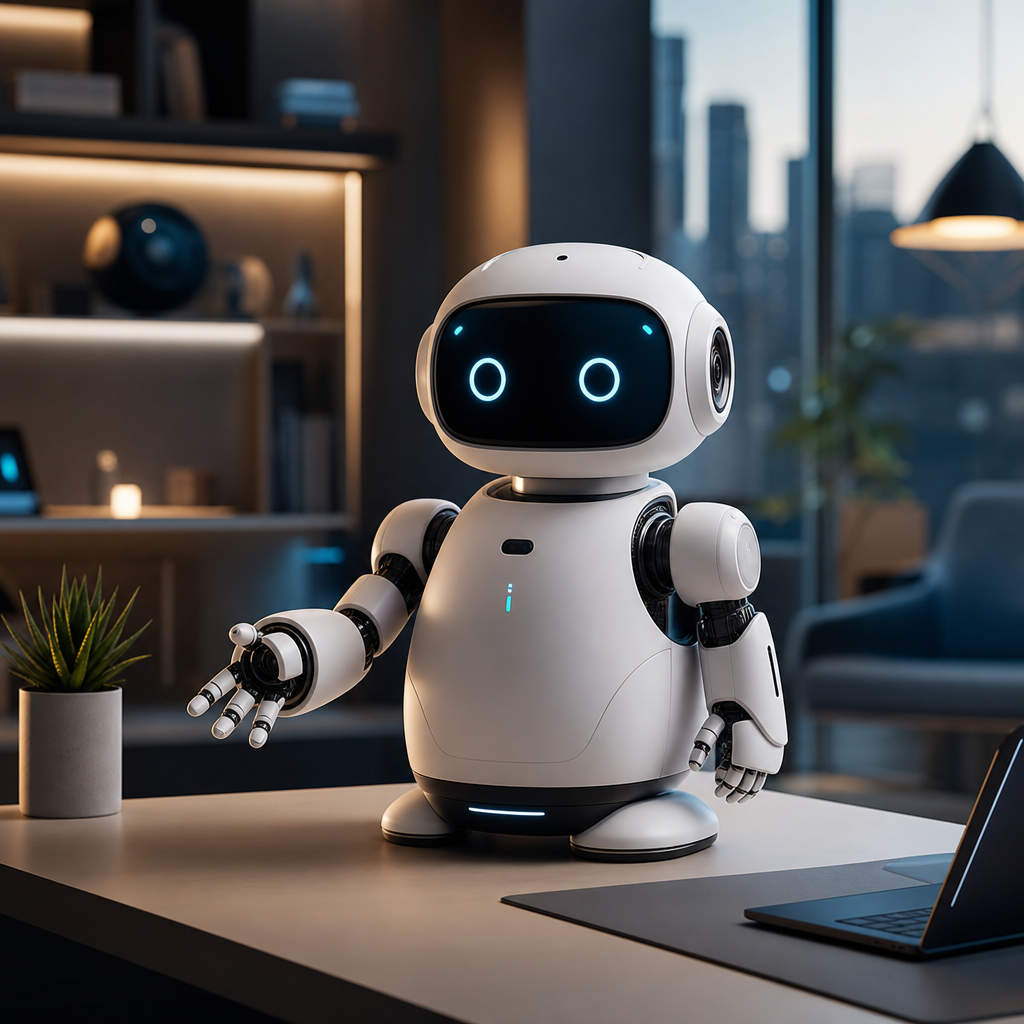 Compact matte-white home robot assistant with expressive LED face and articulated arms in a modern apartment workspace