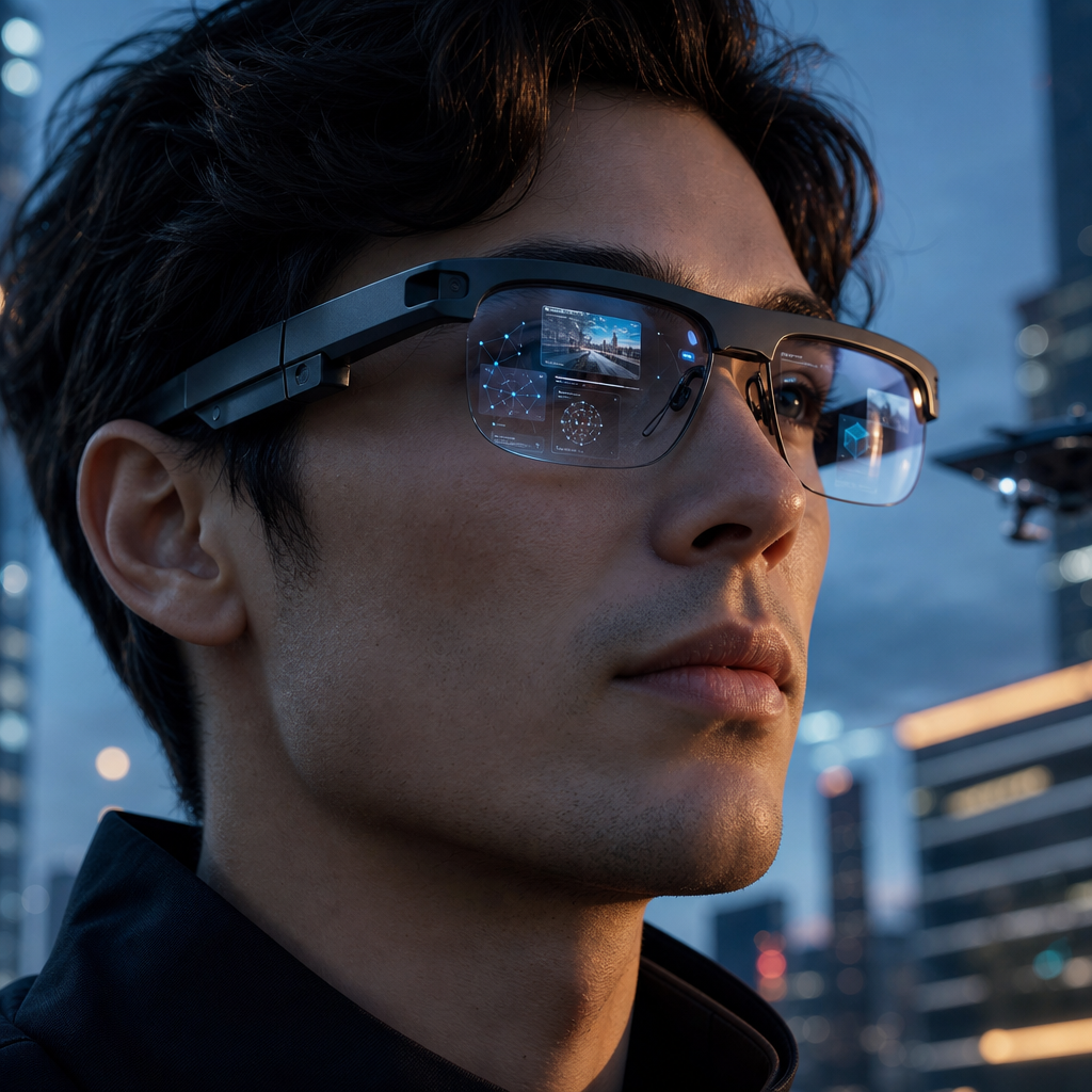 Sleek graphite augmented reality glasses projecting interface cards over a nighttime urban street scene