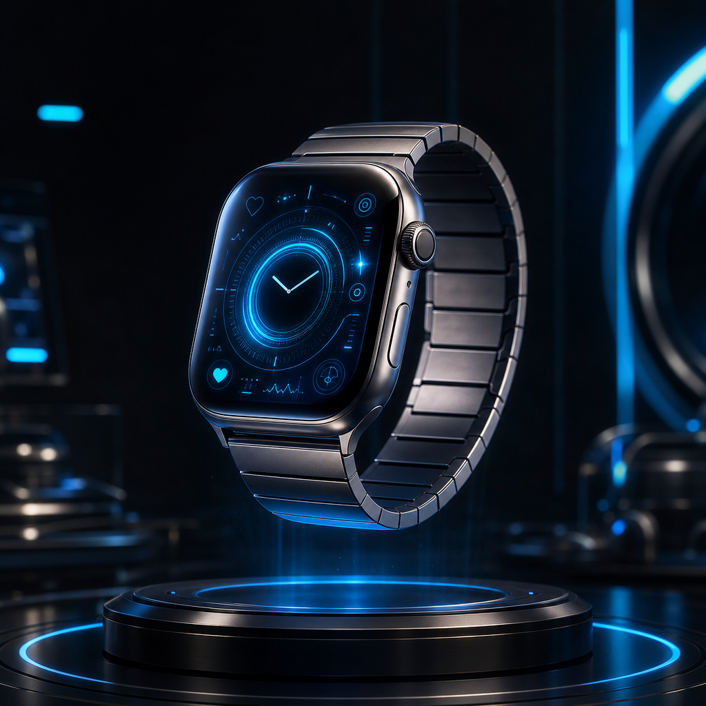Futuristic titanium smart watch with curved holographic interface glowing in electric blue
