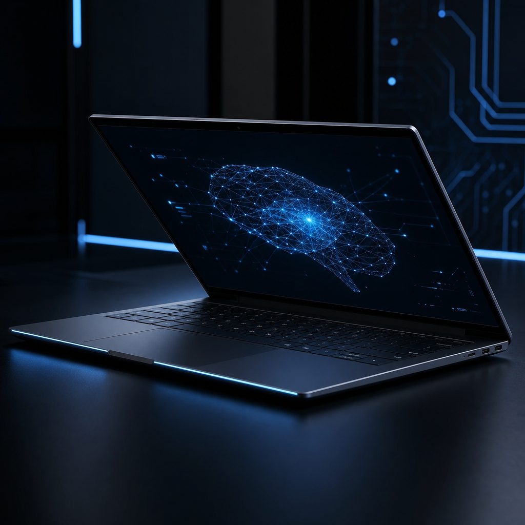 Slim graphite ultrabook with illuminated edge lighting and abstract AI visualization on screen