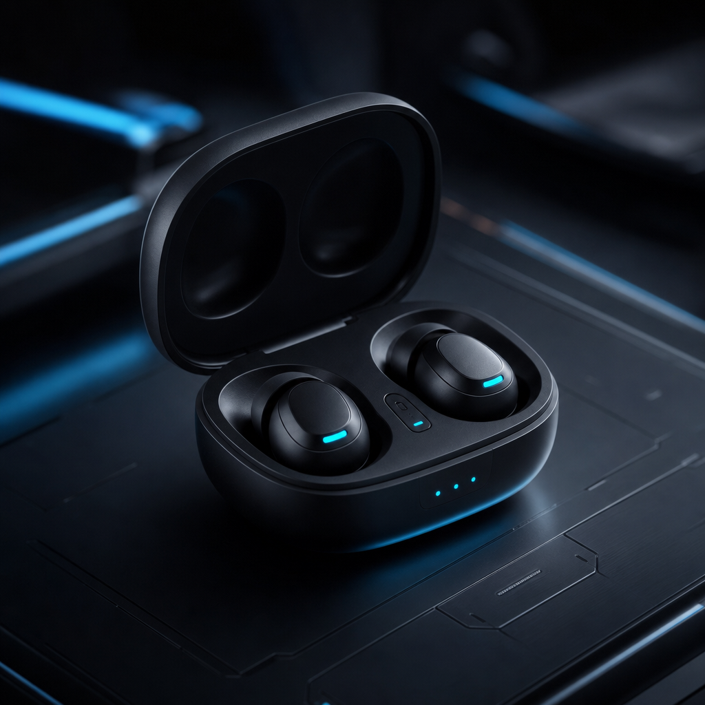Matte black wireless AI earbuds in an open compact charging case with subtle cyan indicator lights