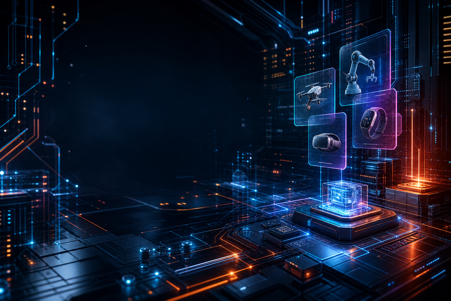 Futuristic digital lab scene with glowing circuit architecture, floating interface shards, electronic pathways, and flowing energy in an atmospheric high-tech environment
