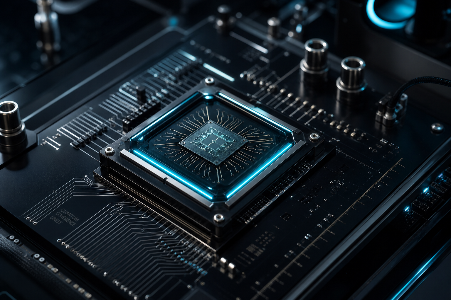 Macro editorial photo of a next-generation quantum computing chipset glowing on a dark lab test board with fine circuit traces