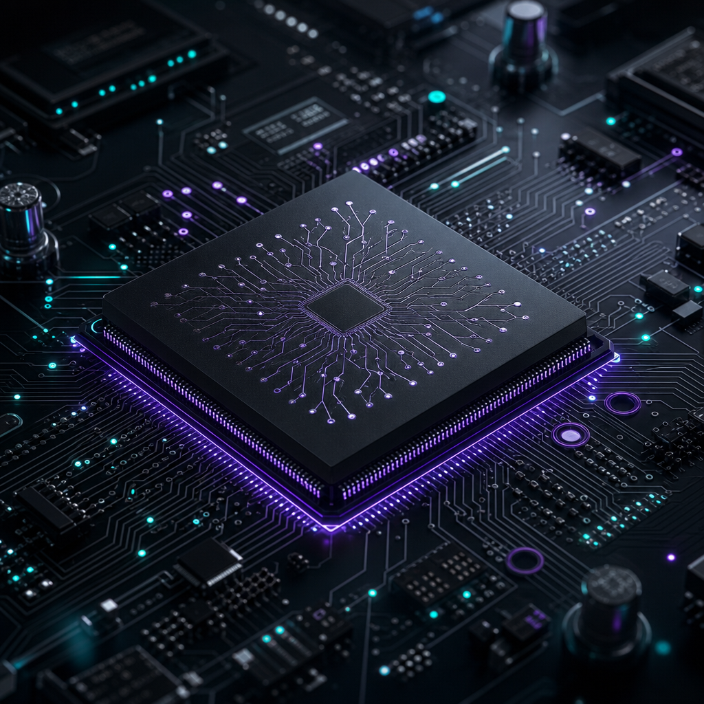 Close view of a dark silicon neuromorphic processor with glowing circuit traces on a precision lab testing board