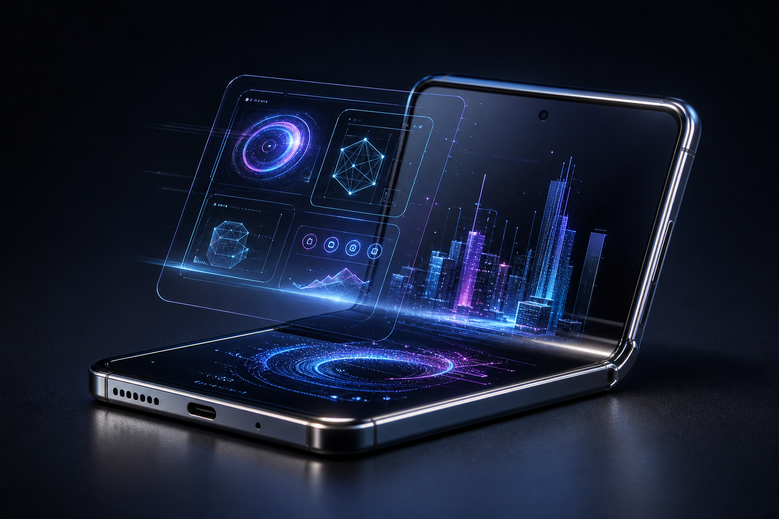 Dramatic close-up of a premium foldable smartphone with translucent holographic UI projections and reflective alloy frame under moody studio lighting