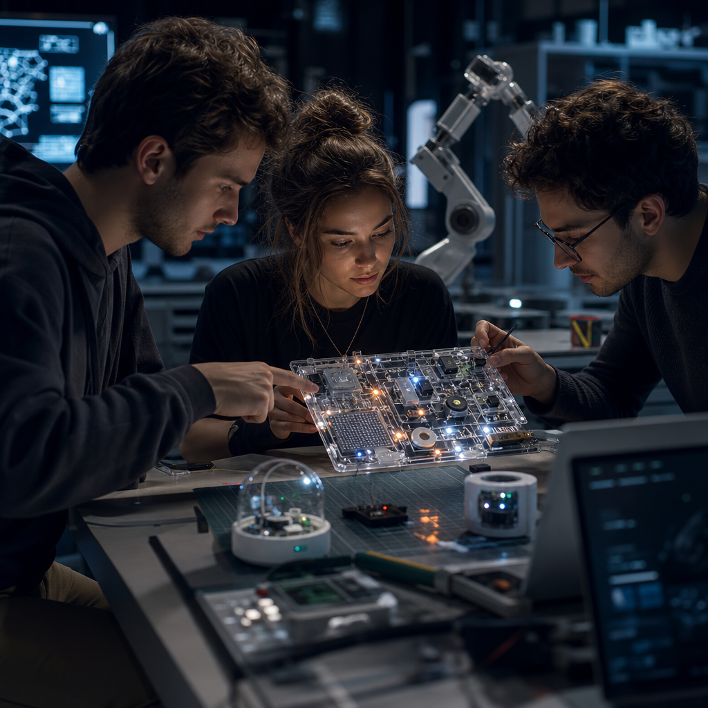 Editorial image of a small startup team testing a transparent IoT prototype board with tiny sensors in a dim innovation lab