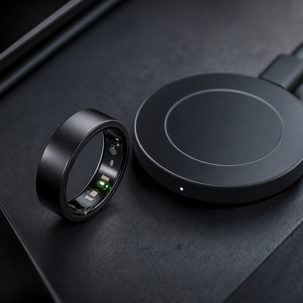 Close-up product review image of a matte black smart ring beside a compact wireless charging puck on a dark desk