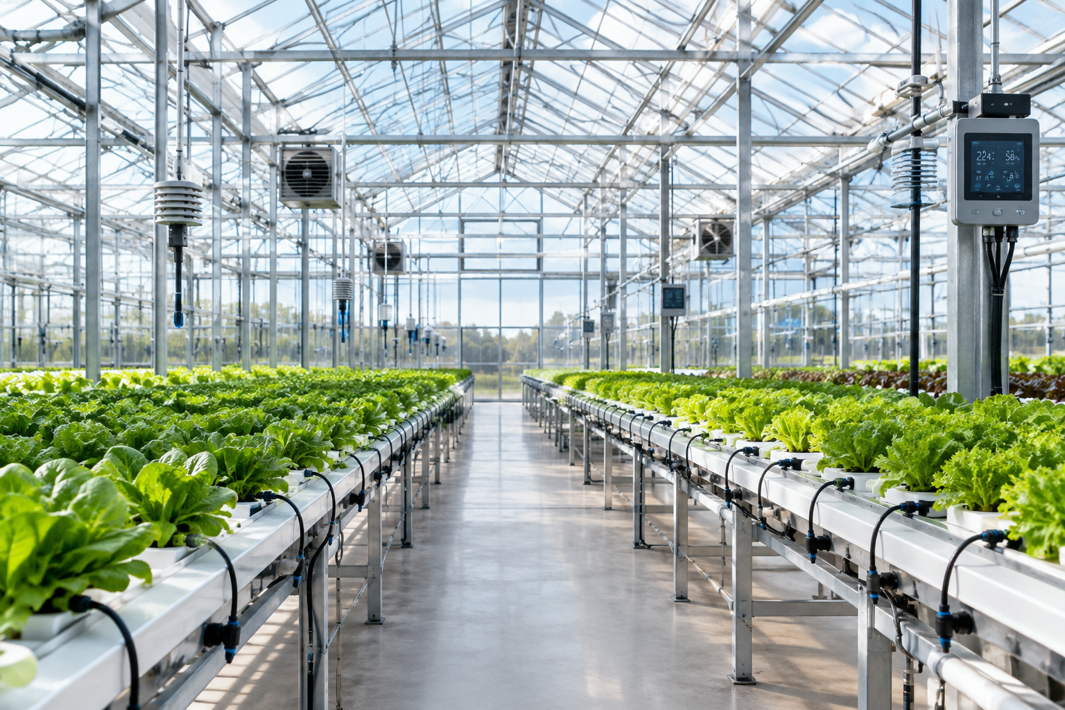 Editorial photograph of a modern commercial greenhouse interior with hydroponic cultivation lanes, precision irrigation lines, and digital climate-control equipment under soft natural daylight