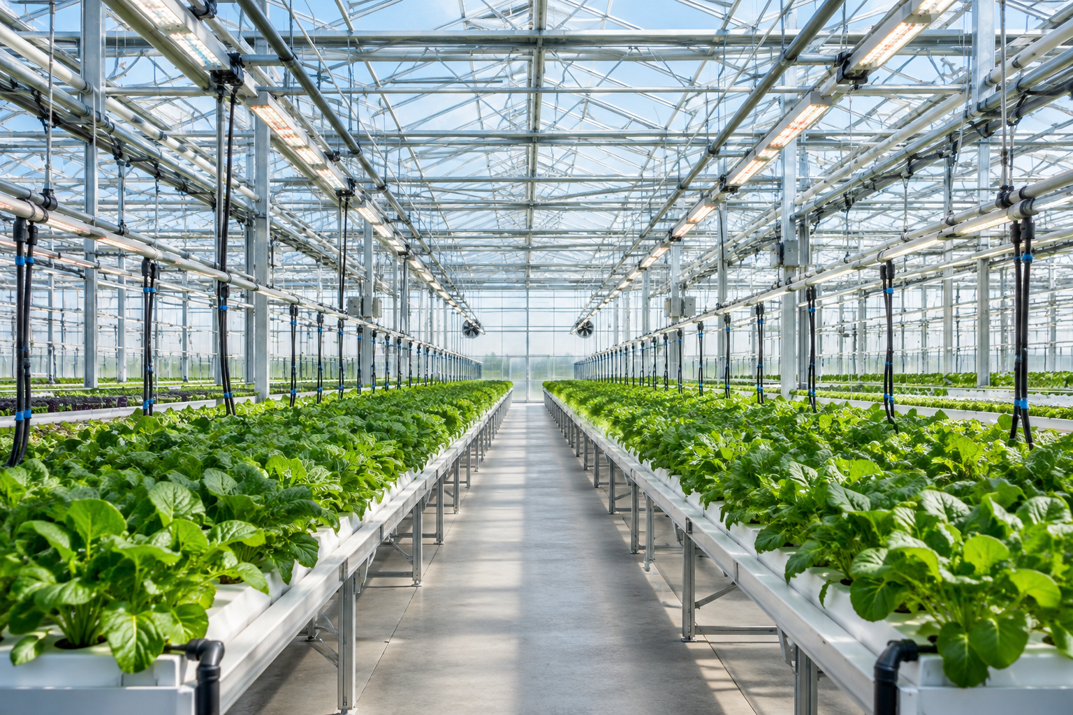Premium commercial greenhouse interior with long hydroponic grow rows, overhead irrigation and lighting rails, and clean modern cultivation infrastructure