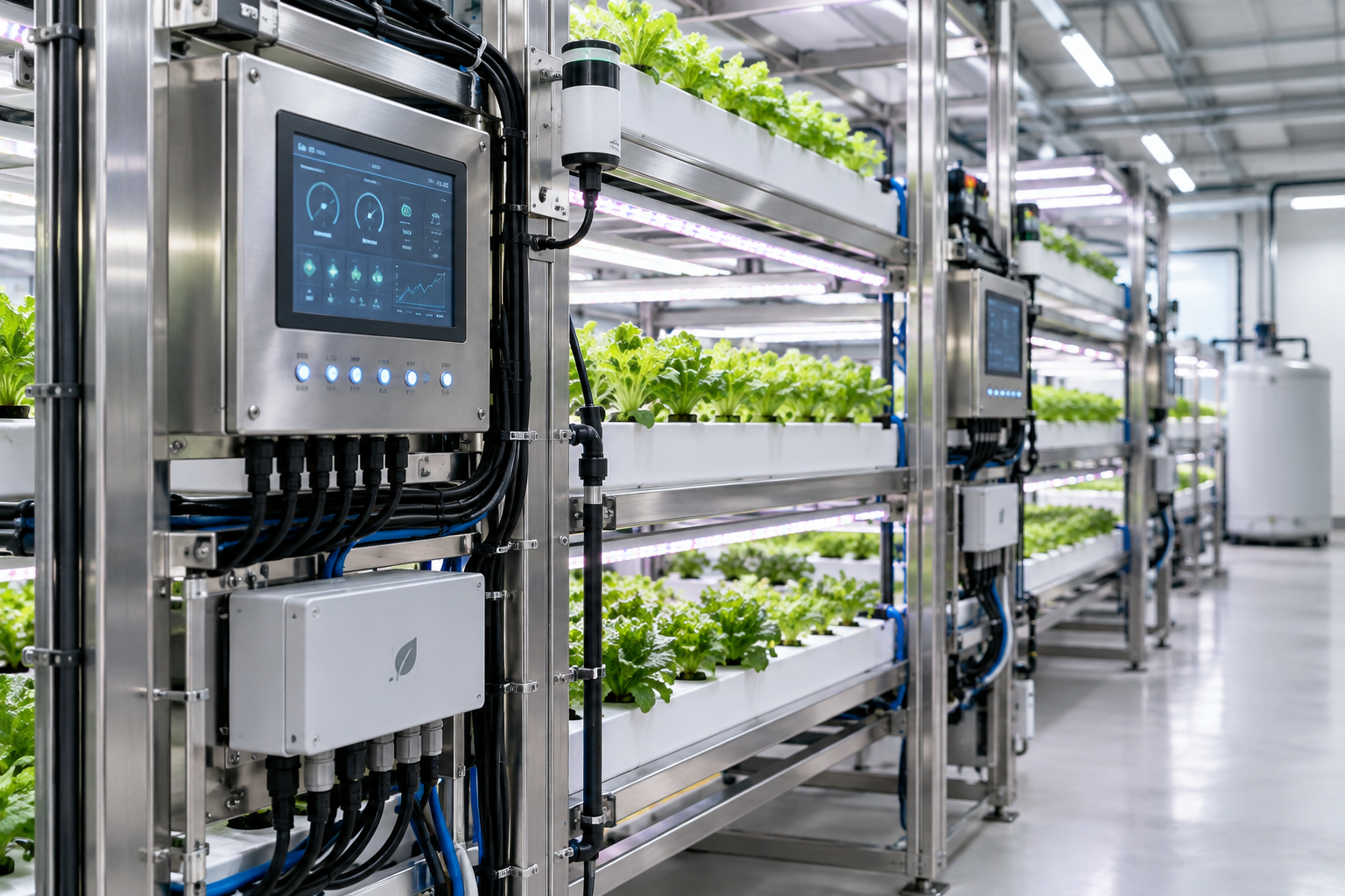 Rows of commercial grow equipment with control panels and integrated sensor cabling