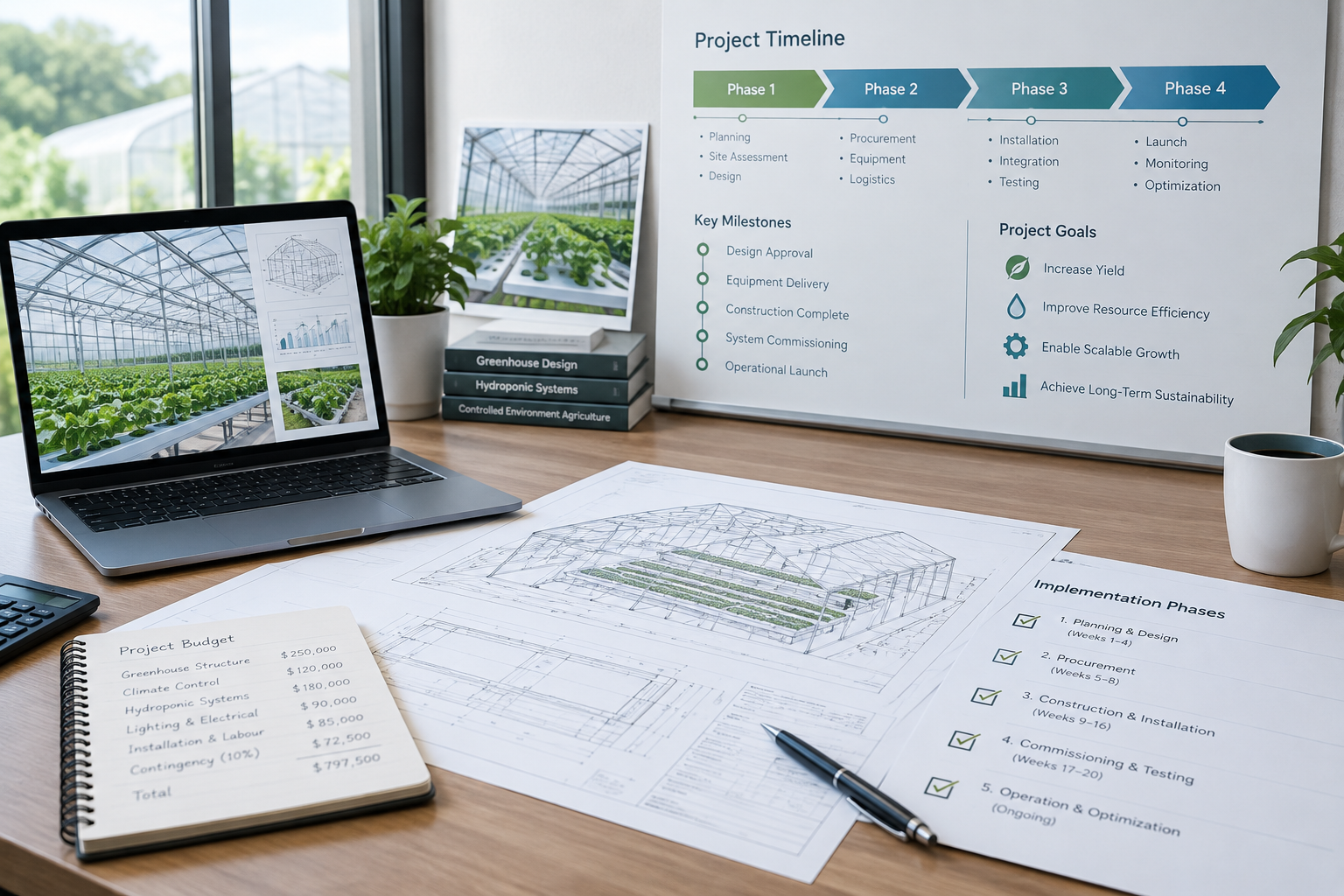 Project planning desk with greenhouse schematics, timeline board, and staged implementation notes