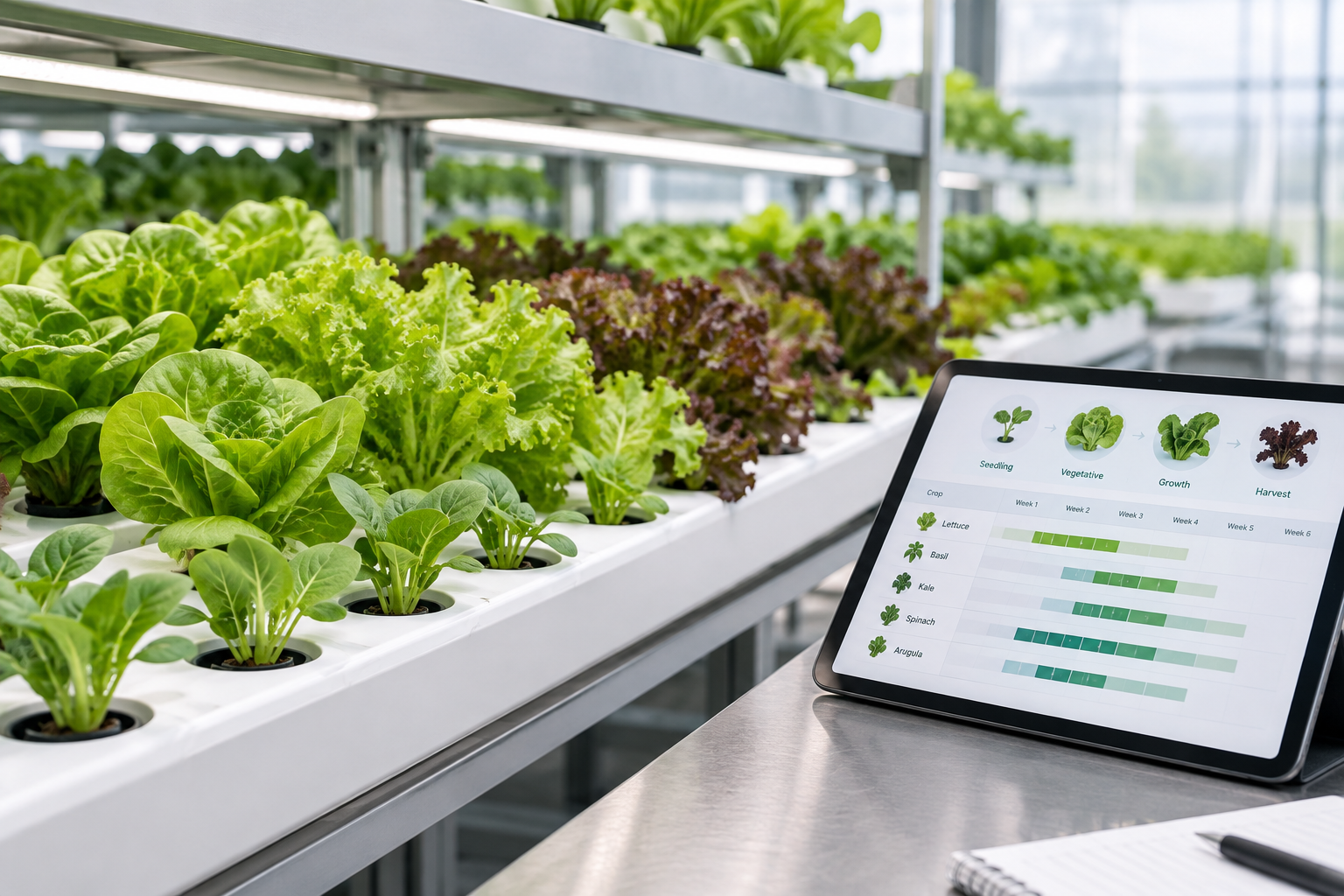 Close-up of leafy greens at mixed growth stages with cultivation notes on a tablet